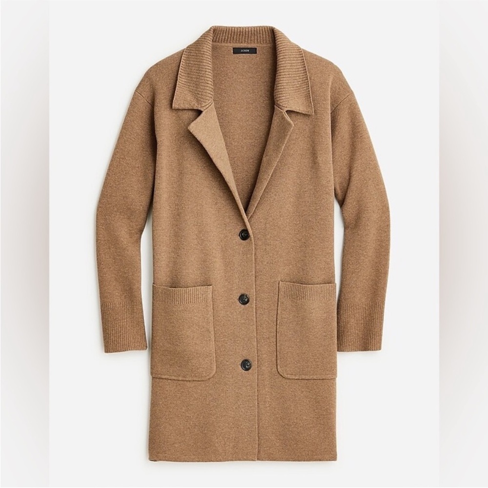 J Crew Camel Tan Oversized Wool Cotton Collared Sweater Jacket Size Medium - Picture 3 of 12